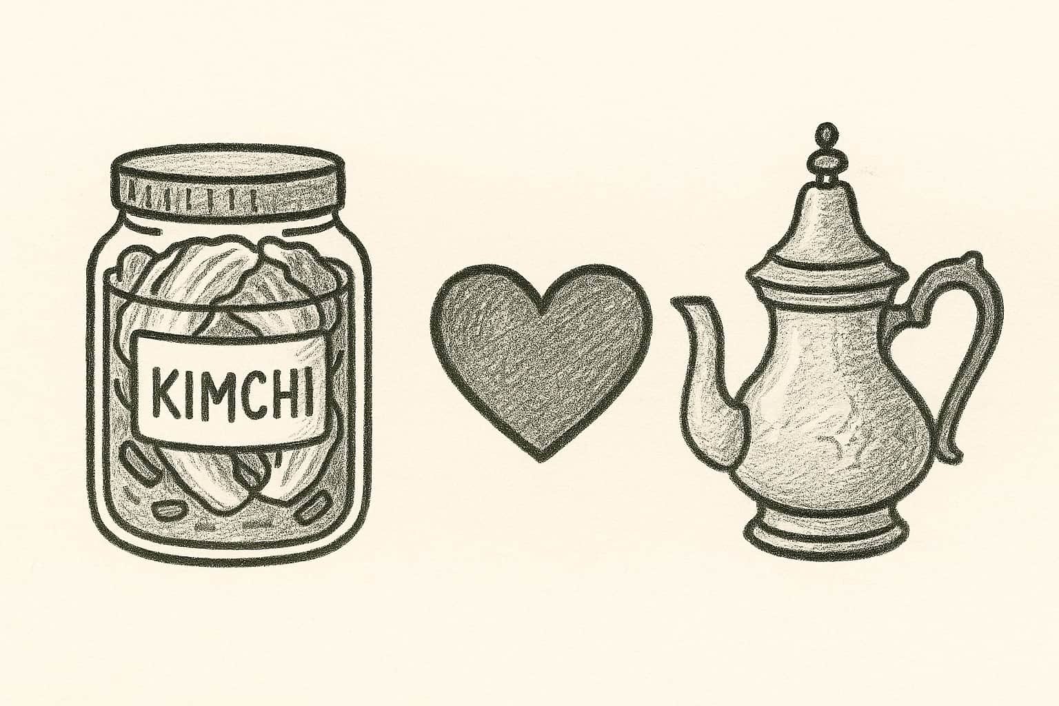 Illustration minimaliste d'un pot de kimchi, d'un cœur et d'une théière, symbolisant l'amour pour la culture coréenne