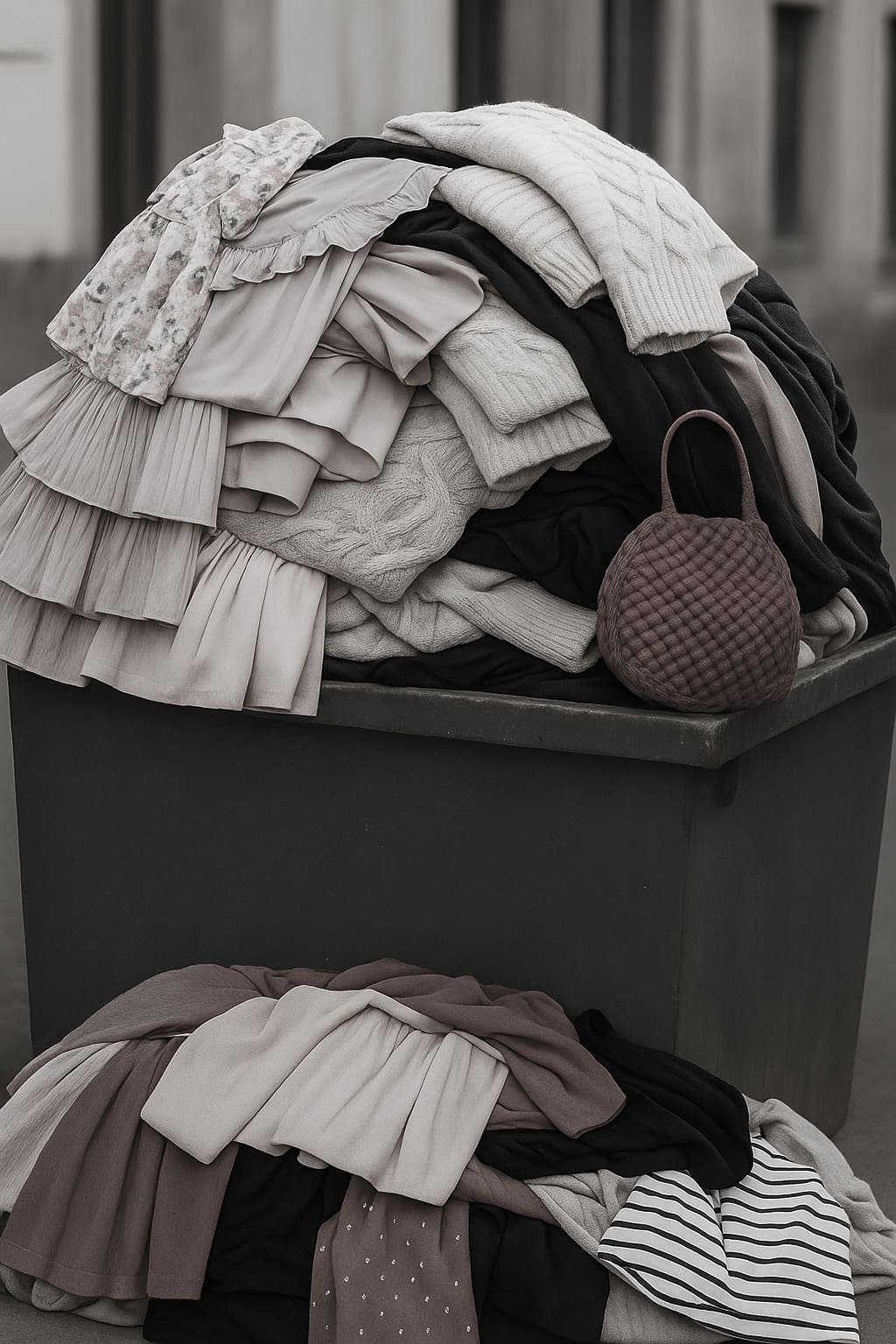 Tas de vêtements divers empilés dans un conteneur, symbolisant la fast fashion jetable