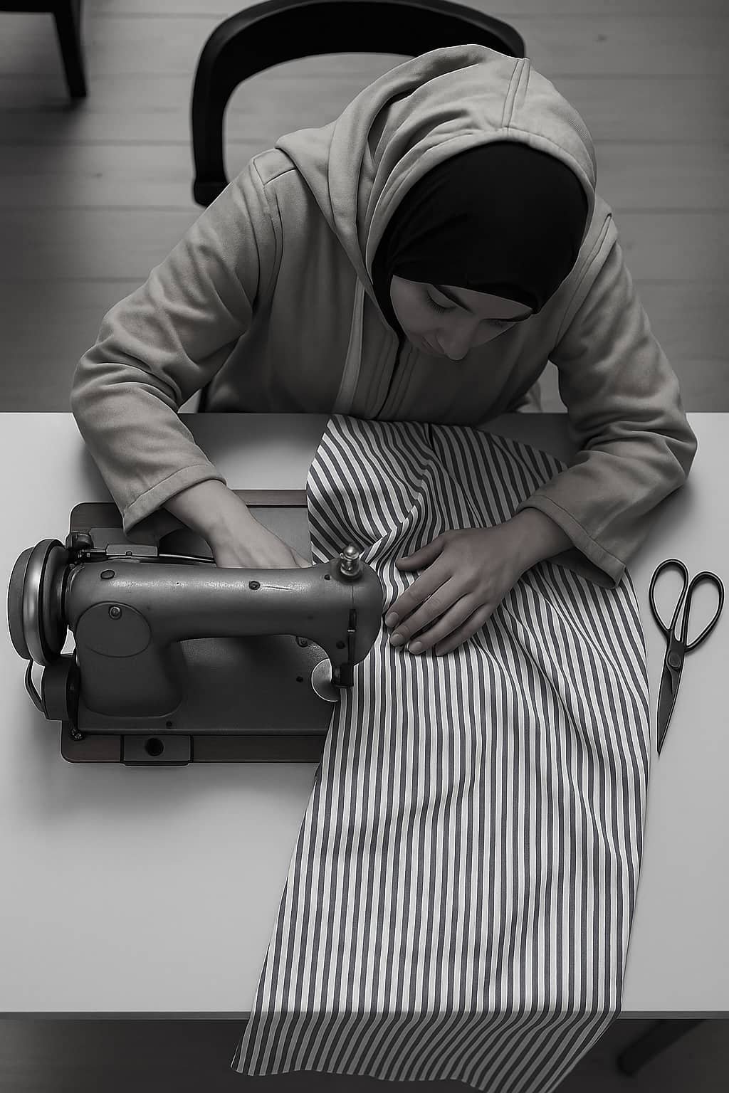 Artisan couturier travaillant sur une machine à coudre avec un tissu rayé, illustrant le savoir-faire artisanal