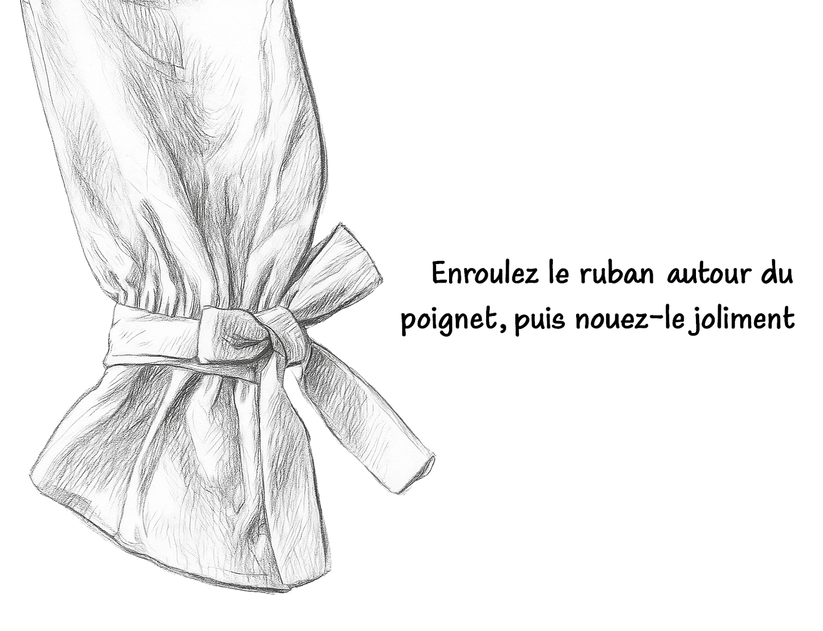 Step 1: Wrap ribbon around wrist and tie neatly - tutorial illustration for ribbon bow styling