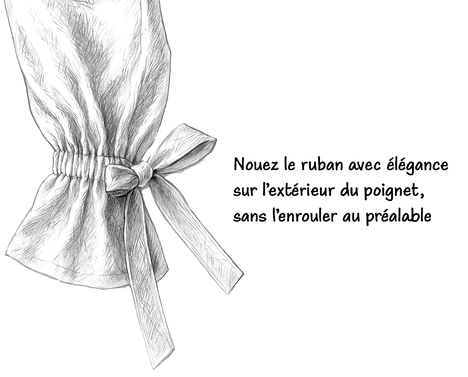 Step 2: Tie ribbon elegantly on the outside of wrist without wrapping - tutorial illustration for bow styling