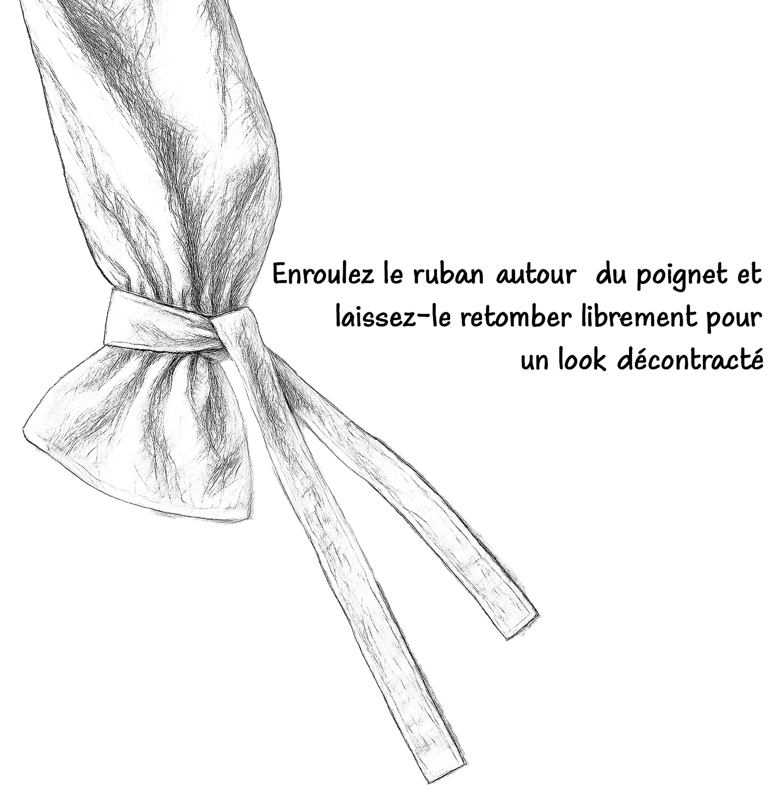 Step 3: Wrap ribbon around wrist and let it fall freely for a relaxed look - tutorial illustration for casual styling