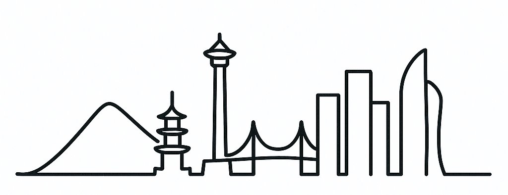 Minimalist line drawing silhouette of Busan skyline featuring mountains, traditional pagoda towers, suspension bridge, and modern skyscrapers