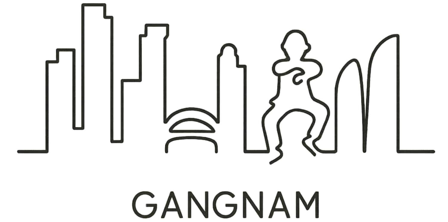 Minimalist line drawing silhouette of Gangnam district skyline featuring modern skyscrapers and the iconic Gangnam Style horse sculpture