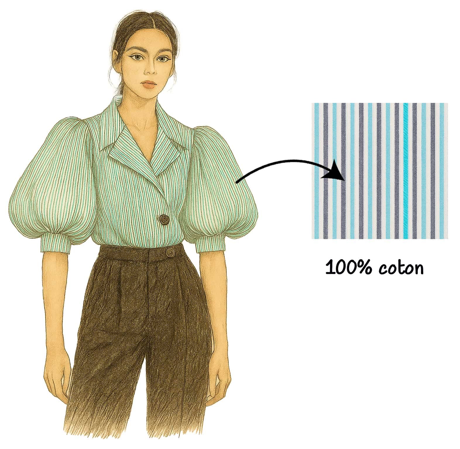 Fashion illustration of model wearing Gangnam shirt showcasing 100% cotton fabric quality, striped pattern, and bold sophisticated silhouette with puffy sleeves