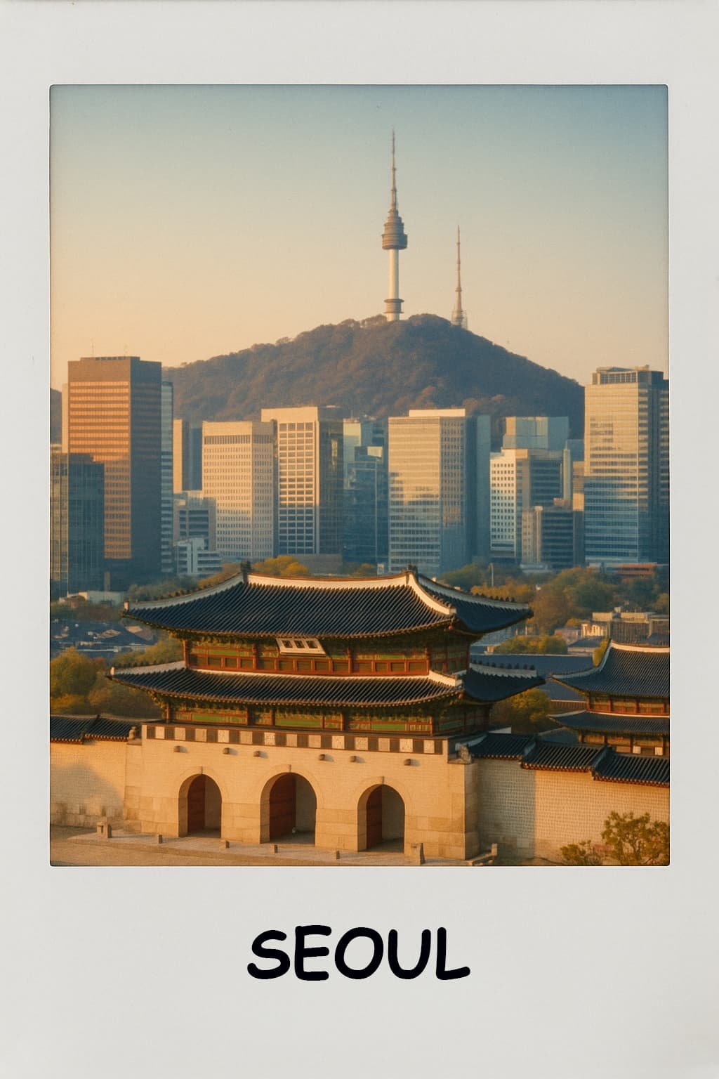 Polaroid photograph of Seoul featuring traditional Gyeongbokgung Palace with curved rooftop in foreground and modern skyscrapers with Seoul Tower in background, representing the blend of tradition and modernity