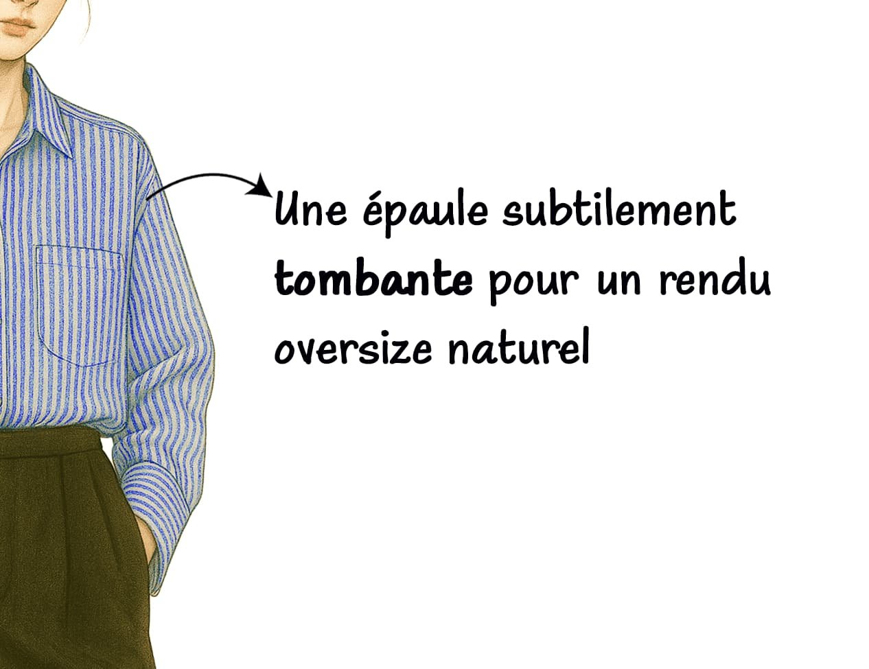 Fashion illustration showing Seoul shirt's subtly dropped shoulder design for natural oversize silhouette, demonstrating modern comfort and fit