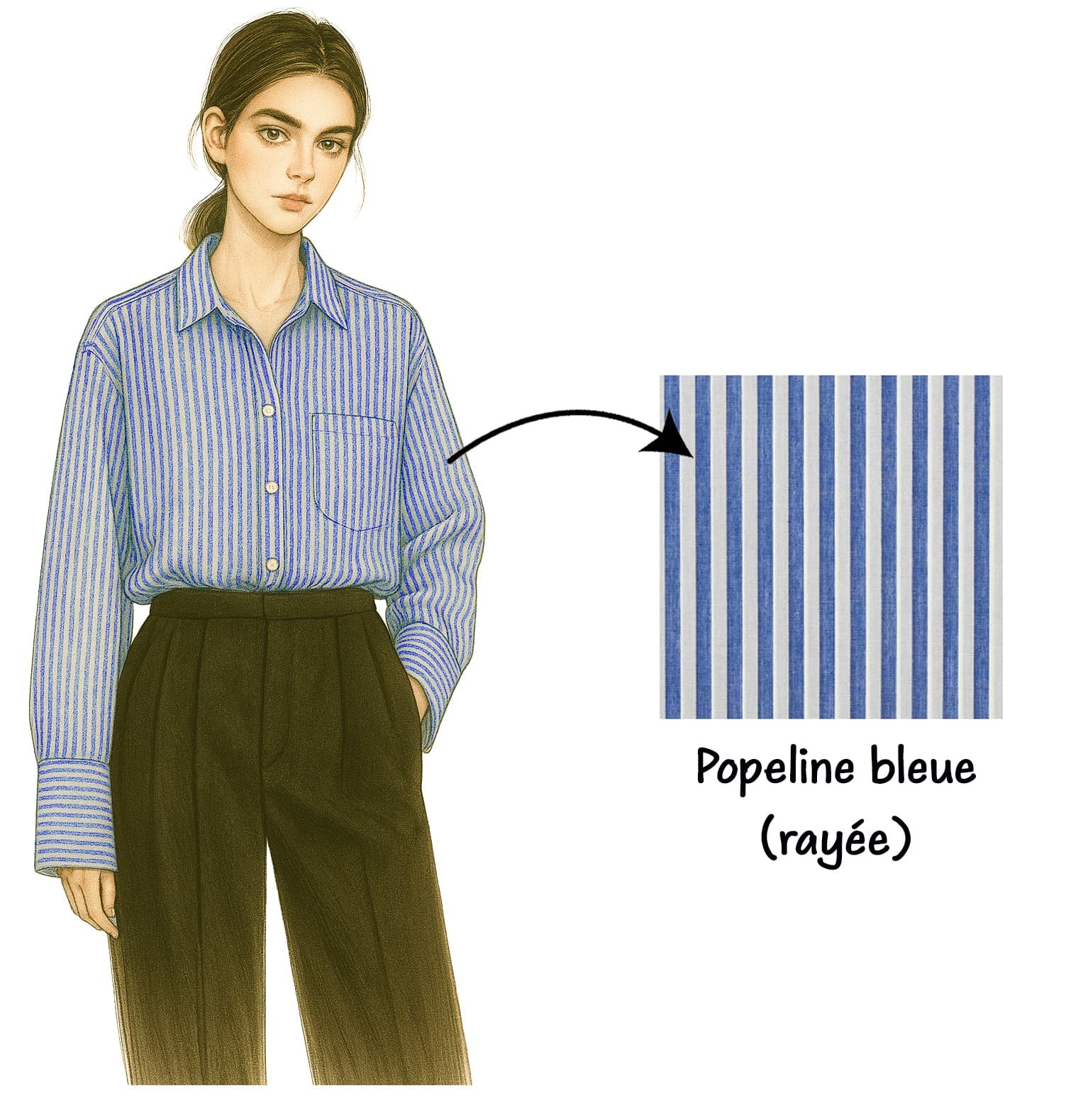 Fashion illustration of model wearing blue striped Seoul shirt made from Turkish poplin fabric, showcasing the classic-modern aesthetic balance