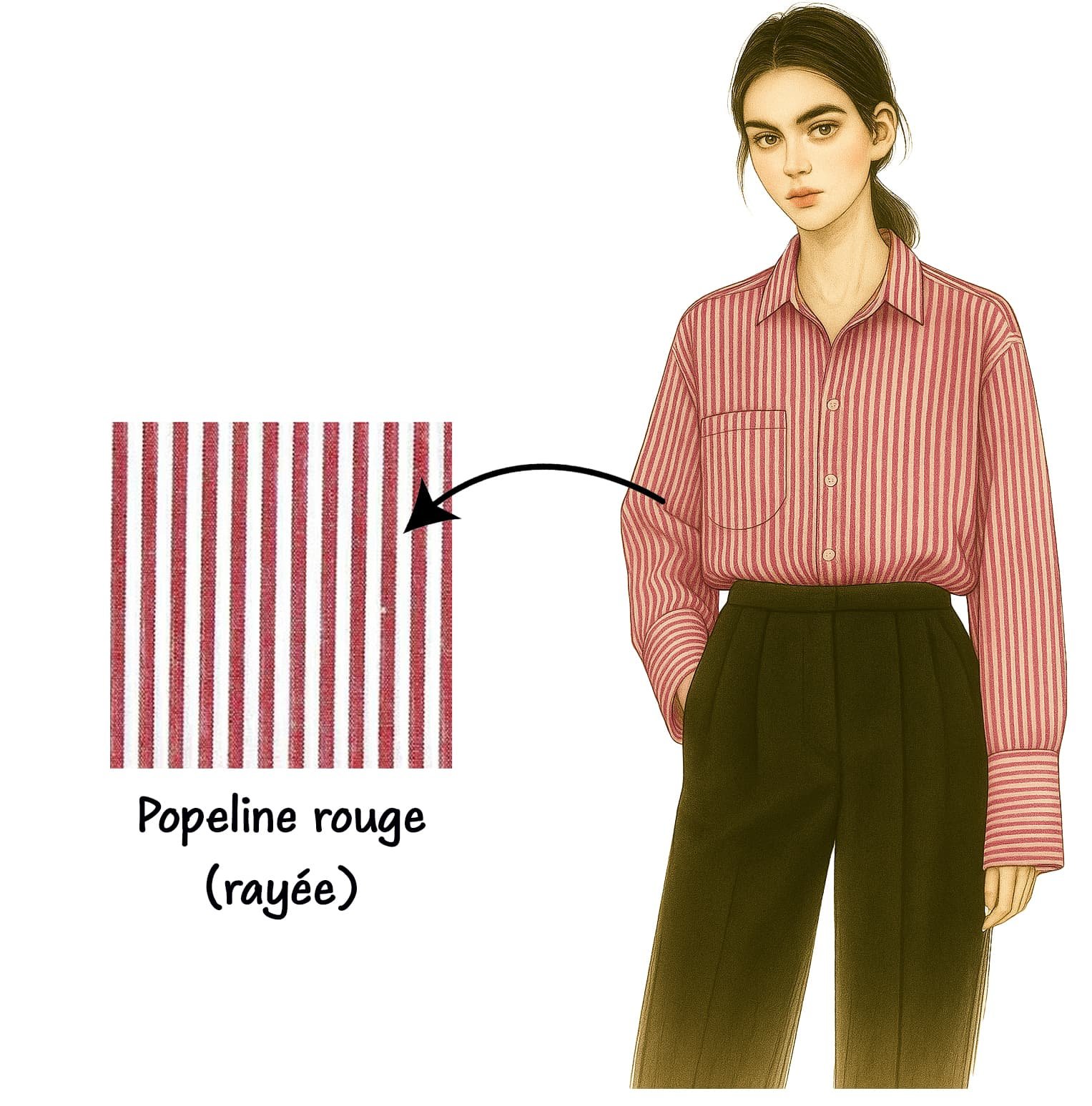 Fashion illustration of model wearing red striped Seoul shirt made from Turkish poplin fabric, demonstrating the shirt's versatile color options and elegant design
